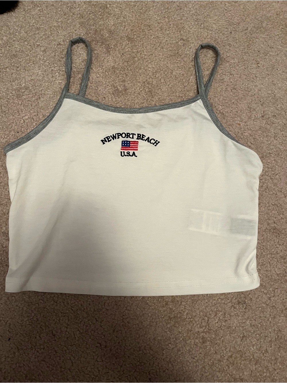 SHEIN Cream Cropped Camisole with Gray Trim and Newport Beach Embroidery